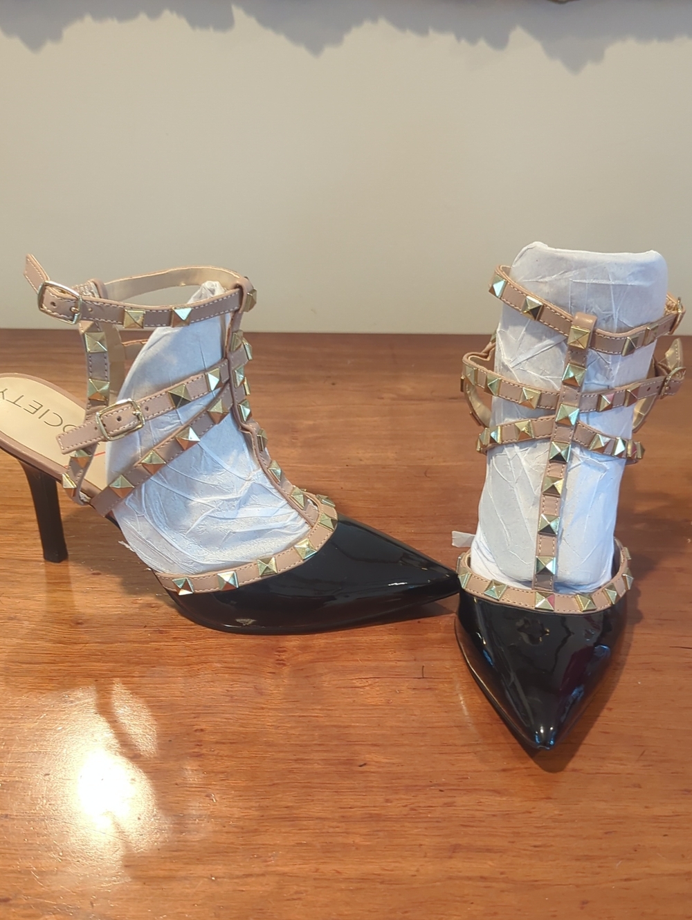 Sole Society Black Patent 3" Pointed Heels with Nude Studded Straps
